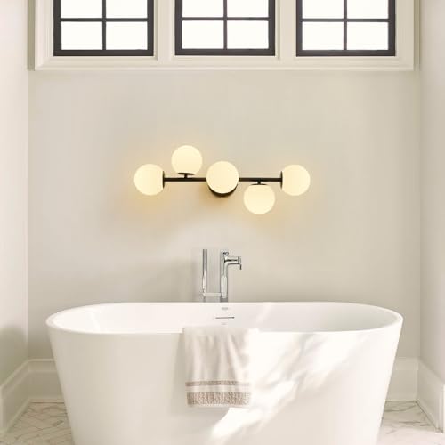 27" Mid Century Modern White Globe Black LED Bathroom Vanity Light
