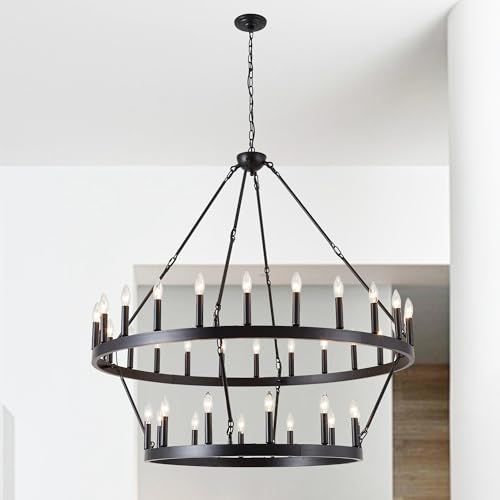 Rustic Farmhouse Black Wagon Wheel Chandelier Large Chandeliers for High Ceilings 2 Tier 36 Lights 48 Inch for Dining Room Living Room Foyer Porch Kitchen Island