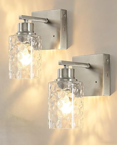 Hammered Glass Wireless Battery Operated Wall Sconces Set of Two Nickel