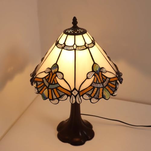 L10022 Baroque Tiffany Style Stained Glass Table Lamp Night Light with 13 Inches Wide Handmade Lampshade Metal Base for Bedside Bedroom Living Room Decoration