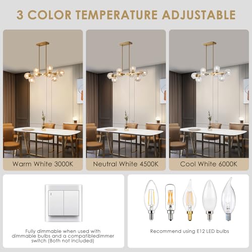 Modern Linear Chandeliers 8 Light Clear Glass Dining Room Light Fixture 39" Gold Mid Century Chandelier Pendant Light for Living Room Kitchen Island
