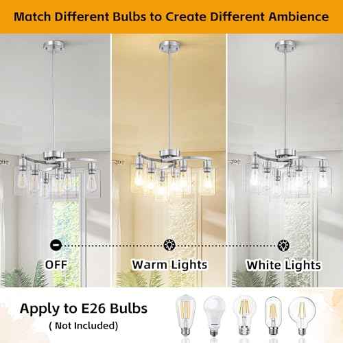 6-Light Modern Chandelier, Brushed Nickel Dining Room Light Fixture, Farmhouse Industrial Chandelier Hanging Over Table, Height Adjustable Pendant Lighting for Kitchen Island Foyer, Clear Glass Shade