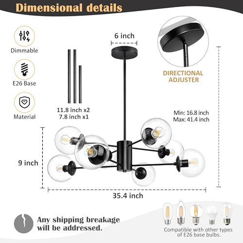 8 Light Globe Sputnik Chandelier Mid Century Sputnik Chandeliers Modern Black Chandelier with Clear Globe Pendant Light Clear Glass Adjustable Hanging Ceiling Light for Living Dining Room