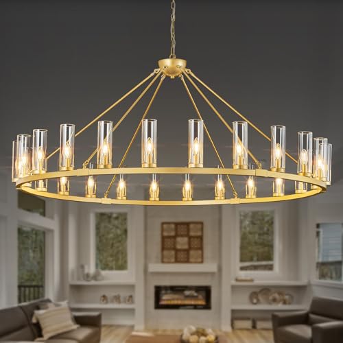24 Light Large Wagon Wheel Chandelier with Clear Glass Shade Gold Round Pendant Light Farmhouse Industrial Chandeliers Dining Room Light Fixture for Stair Living Room Foyer Kitchen