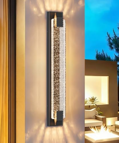31.5in Modern LED Outdoor Wall Sconces Crystal Bubble Glass Black Exterior Lights