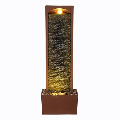 38.5" Faux Slate Contemporary Outdoor LED Waterfall Fountain with Pebble Base