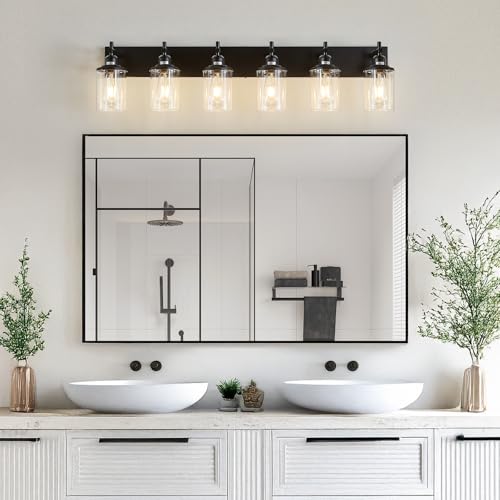 6 Light Black Bathroom Light Fixture Over Mirror Modern Farmhouse Bathroom Vanity Light Vintage Wall Lighting with Clear Glass Shade for Bathroom
