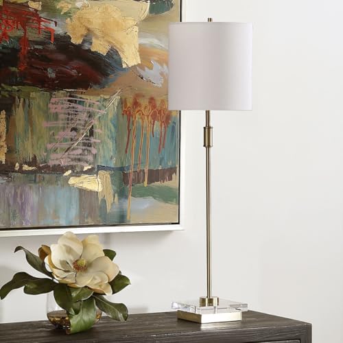 Arvia Antique Brass Modern Metal Buffet Table Lamp with White Linen Shade