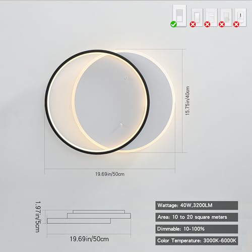 Modern LED Ceiling Light Fixture Black Semi Flush Mount Light with Remote Control 19.69" Hallway Light Fixtures Ceilings Mount Dimmable Ceiling Lamp for Bedroom