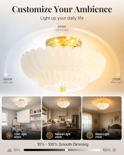 Semi Flush Mount Ceiling Light Fixture 11.8" Vinatge Gold Ceiling Lights Mid Century Modern Milk White Glass Close to Ceiling Lighting Fixtures for Bedroom Hallway Foyer Bathroom Kitchen