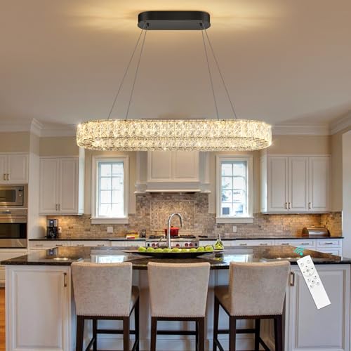 Modern Crystal LED Chandelier Dimmable Oval Chandeliers Rectangular Dining Room Light Fixture with Remote for Living Room Kitchen Island Silver