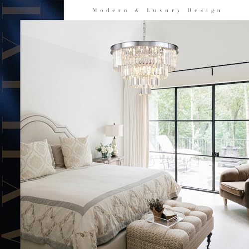 Modern Chrome Crystal Chandelier 24” Dining Room Pendant Light Fixture