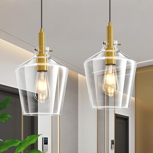 Glass Pendant Lighting for Kitchen Island Entryway 2 Pack Gold Clear 8 Inch (2 Count)