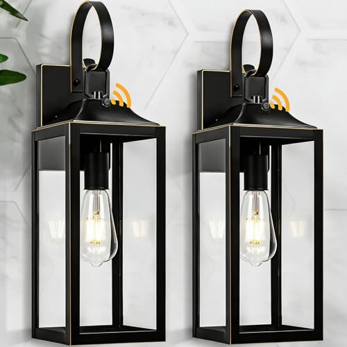 19" Dusk to Dawn Outdoor Lighting Porch Lights Black with Gold Trim 2 Pack (2 Count)