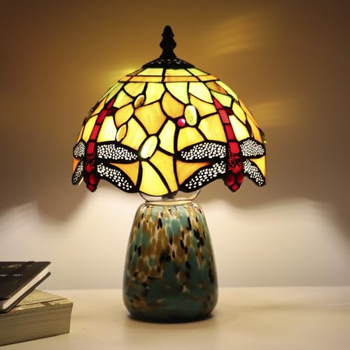 Tiffany Mushroom Table Lamp Dragonfly Style Yellow Stained Glass Accent Lamp Brown Blue Glass Base 8X8X12 Inch