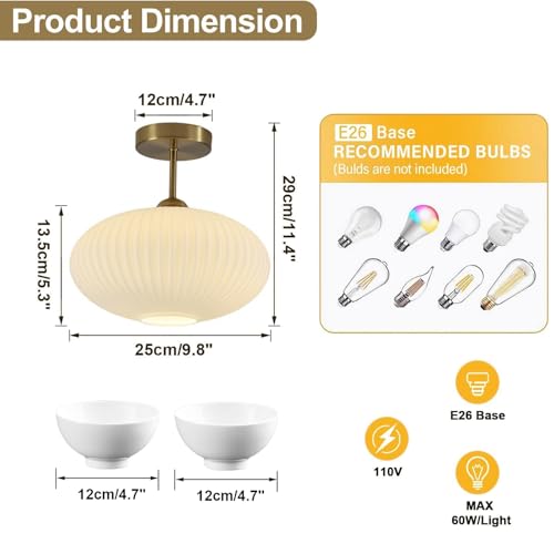 Mid Century Modern Brass Semi Flush Mount Ceiling Light Small Ribbed Milk Glass Flush Mount Ceiling Light Gold and White Flush Mount Light Vintage Hallway Lighting Fixtures