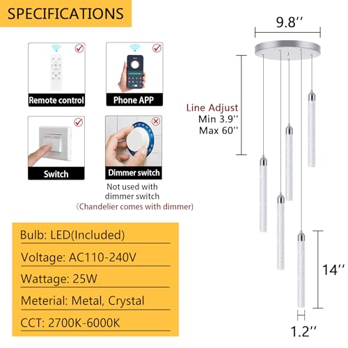 5 Light Mini Chandelier LED Pendant Lighting for Kitchen Island Modern Bubble Crystal Pendant Light Adjustable Pendant Light Fixture Chrome Ceiling Handing Lights for Dinning Room Bedroom 2700K 6000K