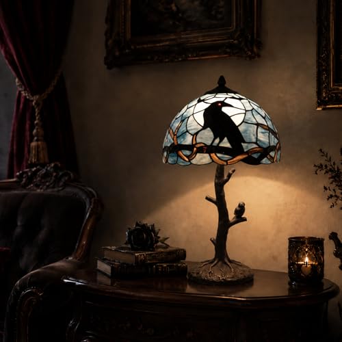 L10956 Tiffany Style Stained Glass Raven Table Lamp