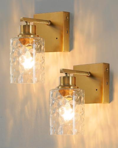 Hammered Glass Wireless Battery Operated Wall Sconces Set of Two Gold