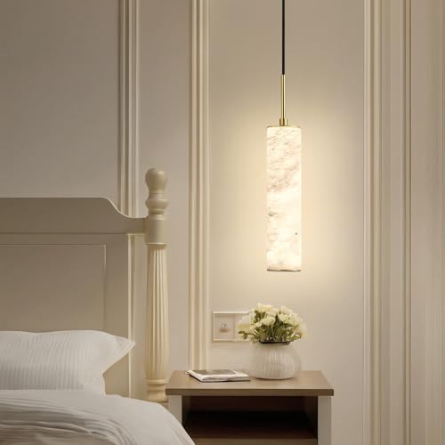 Natural Alabaster Pendant Lights for Kitchen Island White Marble Long Tube Chandelier Modern 4000K Gold Ceiling Light Fixtures for Bedroom Dining Room Table Living Room Hallway (2 Count)