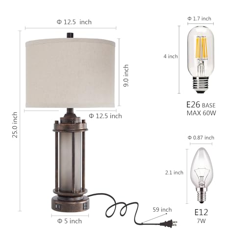 25" Farmhouse Lamps for Living Room with 2 USB C+A Ports