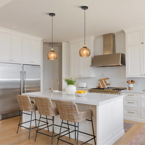 Vintage Amber Ribbed Glass Pendant Lights for Kitchen Island 2 Pack