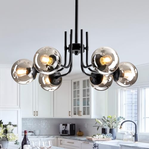 6 Lights Glass Globe Sputnik Chandeliers Modern Metal Ceiling Light Fixture Black Semi Flush Mount Chandelier for Living Room Dining Room Bedroom Farmhouse Kitchen