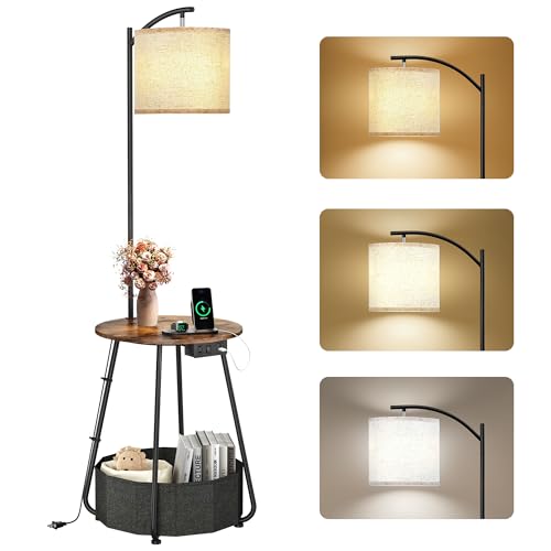 Floor Lamp with Table (Rustic Brown-With Charging Station)