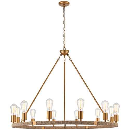 12-Lights Wagon Wheel Chandelier Bohemia Hand Woven Rattan Chandelier Farmhouse Large Pendant Light for High Ceilings Living Room Dining Room, Brass, Dia 42 Inch, UL Listed