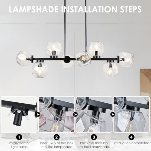 Modern Linear Chandeliers 8 Light Clear Glass Dining Room Light Fixture 39"" Black Mid Century Chandelier Pendant Light for Living Room Kitchen Island