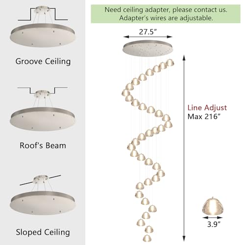 36 Light 216'' Long Large Crystal Chandeliers LED Chandeliers for High Ceiling Handing Light Fixture for Entrance Hallway Foyer Staircase Lobby Silver