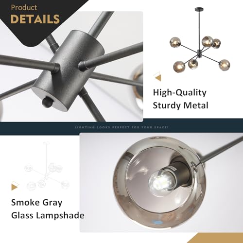 6 Lights Modern Glass Globe Sputnik Chandelier Mid Century Matte Black Sputnik Pendant Light Fixture Adjustable Vintage Large Smoke Gray Ball Chandelier Pendant Light for Kitchen Living Room