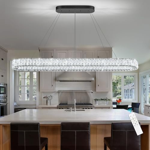 Modern Oval Crystal Chandelier for Dining Room Rectangular Ceiling Light Fixture Dimmable LED Chandeleirs for Living Room Kitchen Island Black