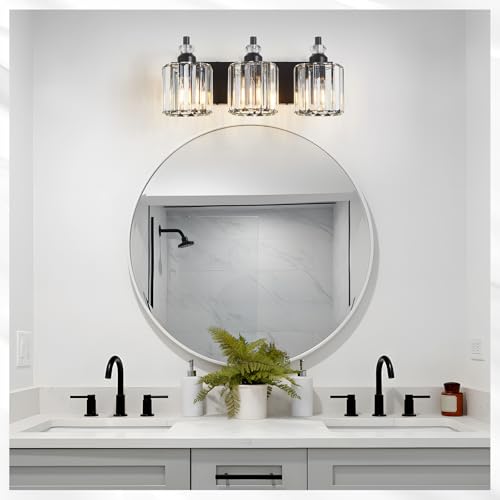 3 Light Black Bathroom Light Fixtures Over Mirror Modern Vanity Lights Crystal Wall Sconce Vintage Bathroom Lighting with Crystal Shade E26 Base for Bedroom