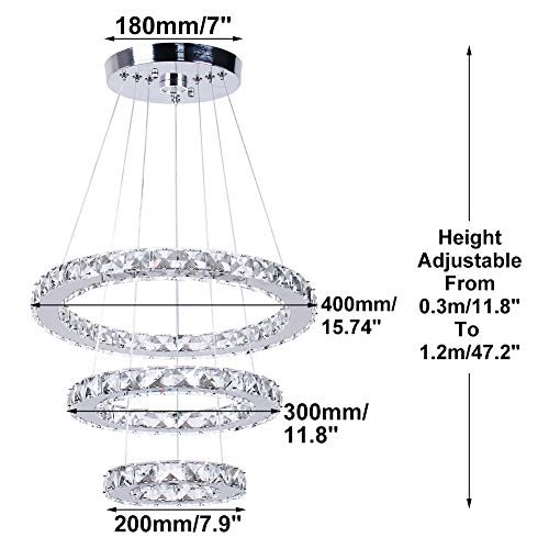3-Ring Crystal LED Chandelier Modern Ring Pendant Light,47W Cool White (4500K-6000K) K9 Crystal&Stainless Steel, Adjustable Height for Dining Room Kitchen Island Living Room Foyer