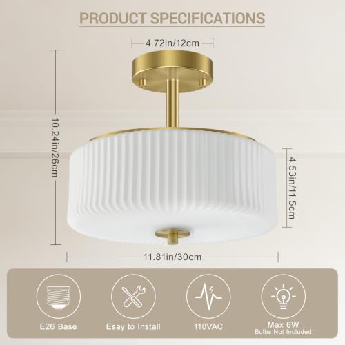 Gold Semi Flush Mount Ceiling Light for Schoolhouse (Gold/Milk)