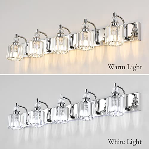 Modern Crystal Vanity Lights 5 Light 40" Modern Crystal Bathroom Lights Fixtures Over Mirror Stainless Steel Chrome Vanity Light for Bathroom Wall Lights Fixtures