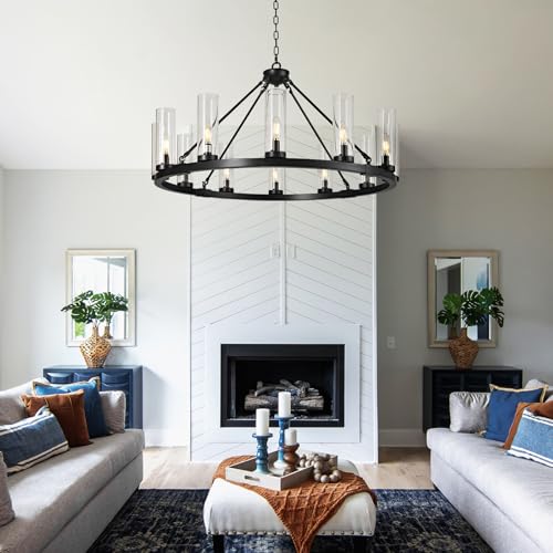 12 Light Black Chandelier Wagon Wheel Chandelier with Clear Glass Shade Round Industrial Pendant Lighting Fixture for Stair Living Room Foyer Kitchen