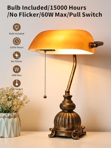 Retro Amber Glass Bankers Desk Lamp