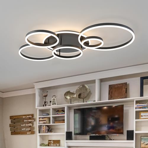 Black Flush Mount Ceiling Light Dimmable Dining Room Light Fixture Round 6 Rings Modern LED Ceiling Light with Remote Control 47" Kitchen Lighting Fixture Ceiling Lamp for Living Room