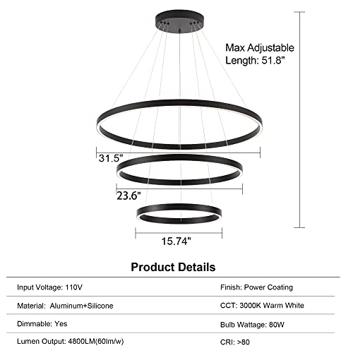 3 Rings Black LED Chandelier