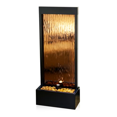 48" Tall Indoor Modern Wall Mounted Zen Mirror Waterfall Floor Fountain with Stones and LED Lights Decor for Office