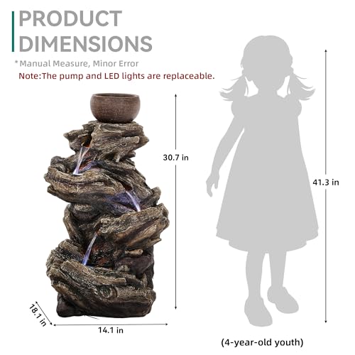 33" Rustic Tree Trunk Outdoor Water Fountain with Planters