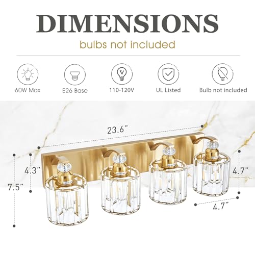4 Lights Brushed Brass Bathroom Light Fixture Gold Vanity Lights Modern Crystal Bathroom Vanity Lighting Over Mirror Wall Sconce with K9 Crystal Shade E26 Base for Living Room
