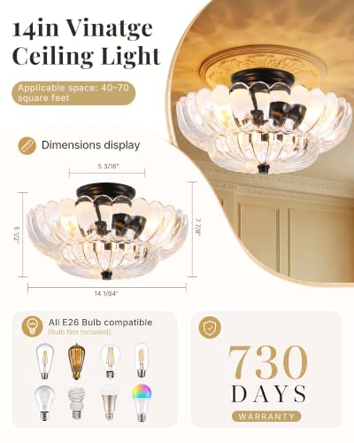 Semi Flush Mount Ceiling Light Fixture 14" Vinatge Black Ceiling Lights Mid Century Modern Clear Glass Close to Ceiling Lighting Fixtures for Bedroom Hallway Kitchen Laundry Room Bathroom