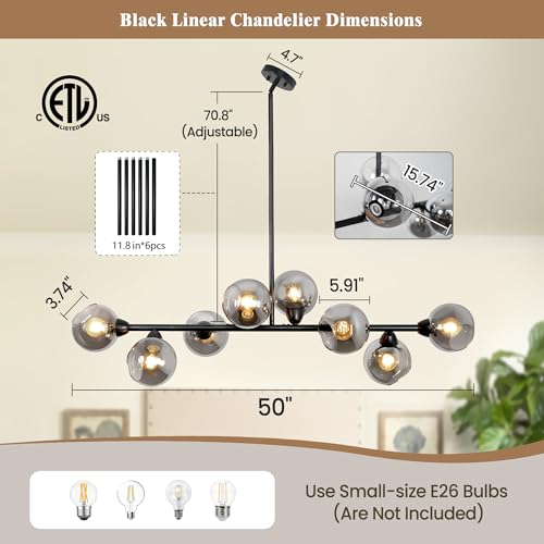 50'' Linear Chandeliers for Dining Room 8 Lights Globe Glass Chandelier