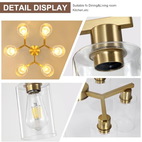 6 Light Modern Farmhouse Gold Chandelier with Clear Glass Shade