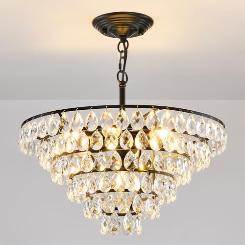 Modern Crystal Chandelier 7 Light 20" Raindrop Black Ceiling Chandelier Adjustable Hanging Light Fixture for Dining Room Foyer Entryway Staircase Living Room