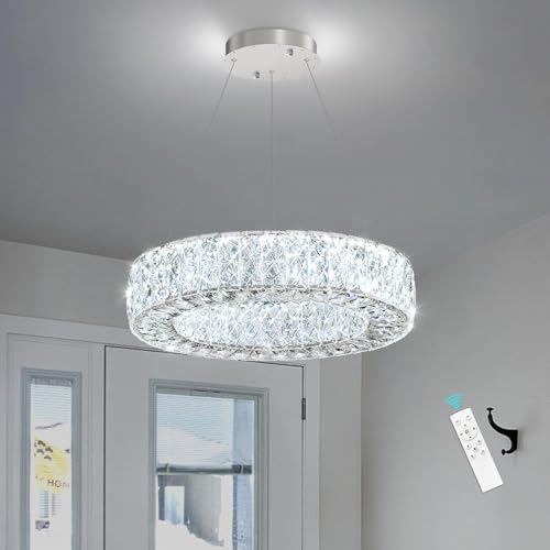 16 Inch Chandelier Glam Dimmable LED Crystal Chandeliers Luxury Round Pendant Lighting Fixtures for Dining Room Bedrooms Silver