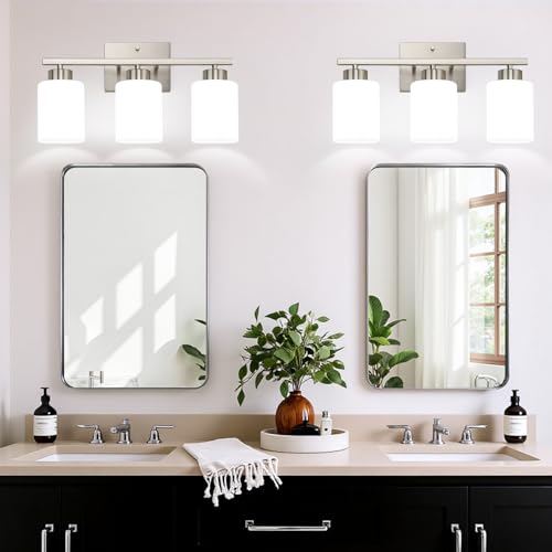 Brushed Nickel Bathroom Light Fixtures with Milk Glass Shades